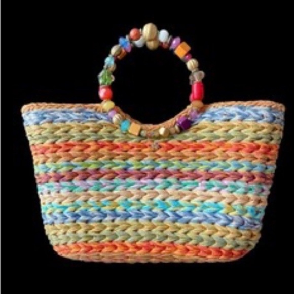 apelli Straw Raffia Handbag 2016 Jewelled Beaded Handle Boho Lined 15x9 Lik Nu - Picture 1 of 5